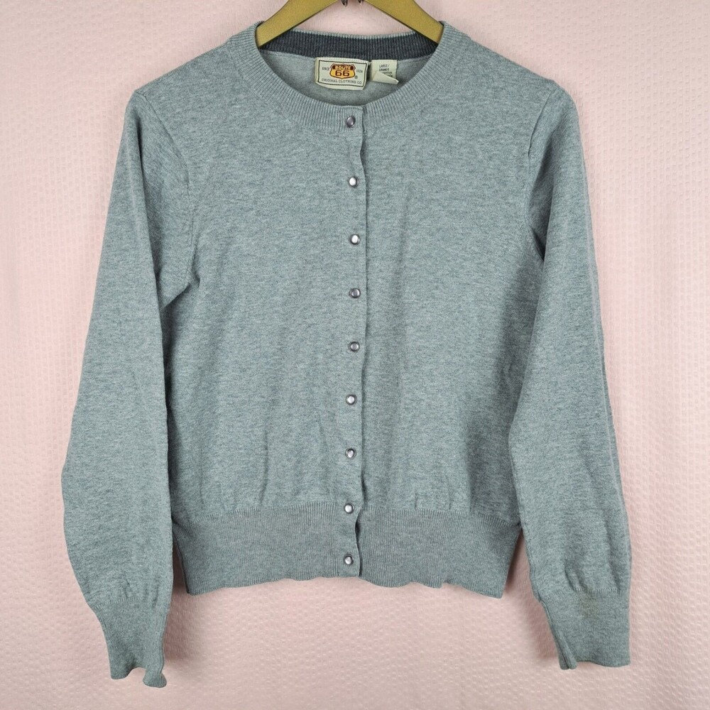 Vintage Route 66 Women Sweater Cardigan Gray on Snaps Long Sleeve Size L